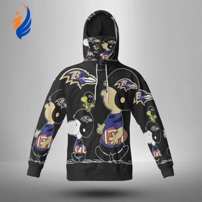Baltimore Ravens Snoopy & Charlie Brown 3D Hoodie w Mask: Show Your Team Spirit with Style! Baltimore Ravens Snoopy & Charlie Brown 3D Hoodie w Mask: Show Your Team Spirit with Style!