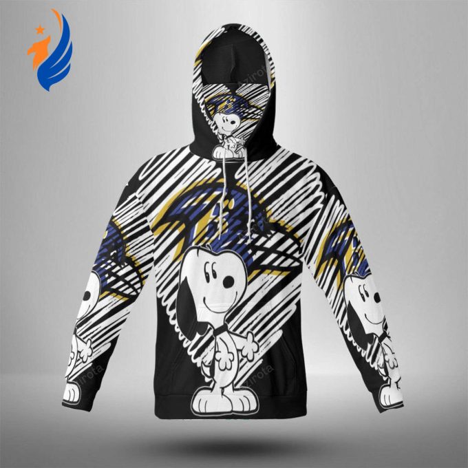Baltimore Ravens Snoopy Heart Pencil Brush 3D Hoodie with Mask – Stylish & Cozy NFL Fan Apparel