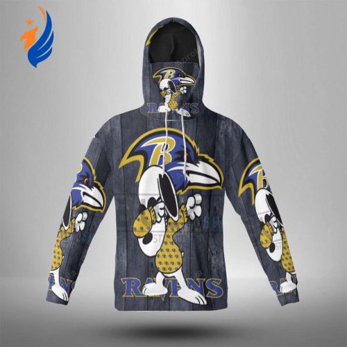 Baltimore Ravens Snoopy v2 3D Hoodie with Mask - Stay Warm and Stylish with the Perfect Ravens Fan Gear!