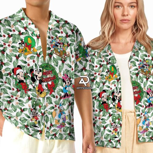 Christmas Leaves Disney Hawaiian Shirt – Merry Mickey Minnie Mouse Hawaii Button Up the Perfect Disneyland Xmas Holiday Shirt!