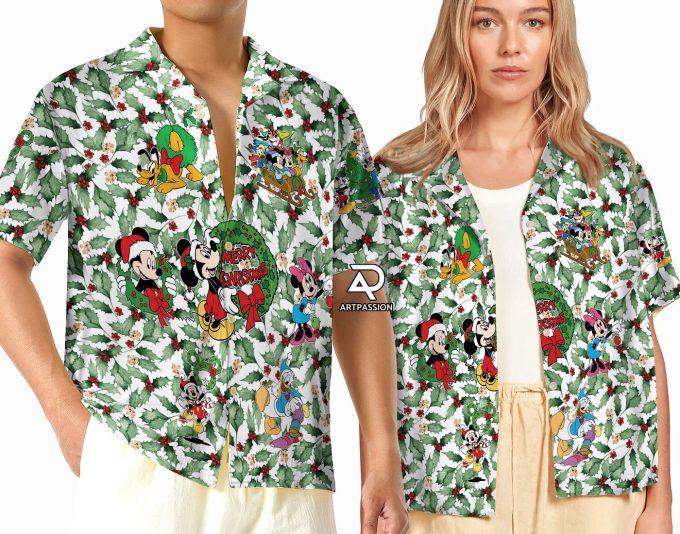 Christmas Leaves Disney Hawaiian Shirt – Merry Mickey Minnie Mouse Hawaii Button Up the Perfect Disneyland Xmas Holiday Shirt!