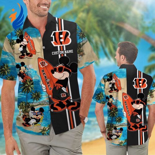 Cincinnati Bengals Mickey Name Personalized Hawaiian Shirt Set – Vibrant Short Sleeve Button Up for Men Women and Kids