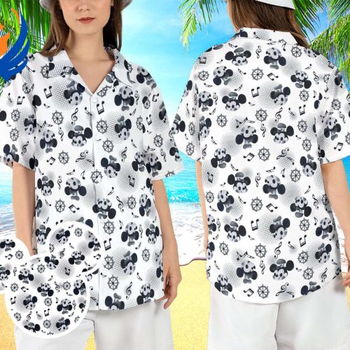 Disney Classic Mickey Cruise Hawaiian Shirt – Steamboat Willie & Music Notes Aloha Button Shirt for Disneyland Beach