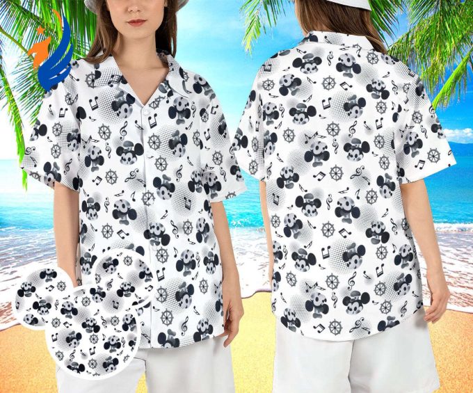 Disney Classic Mickey Cruise Hawaiian Shirt – Steamboat Willie & Music Notes Aloha Button Shirt for Disneyland Beach