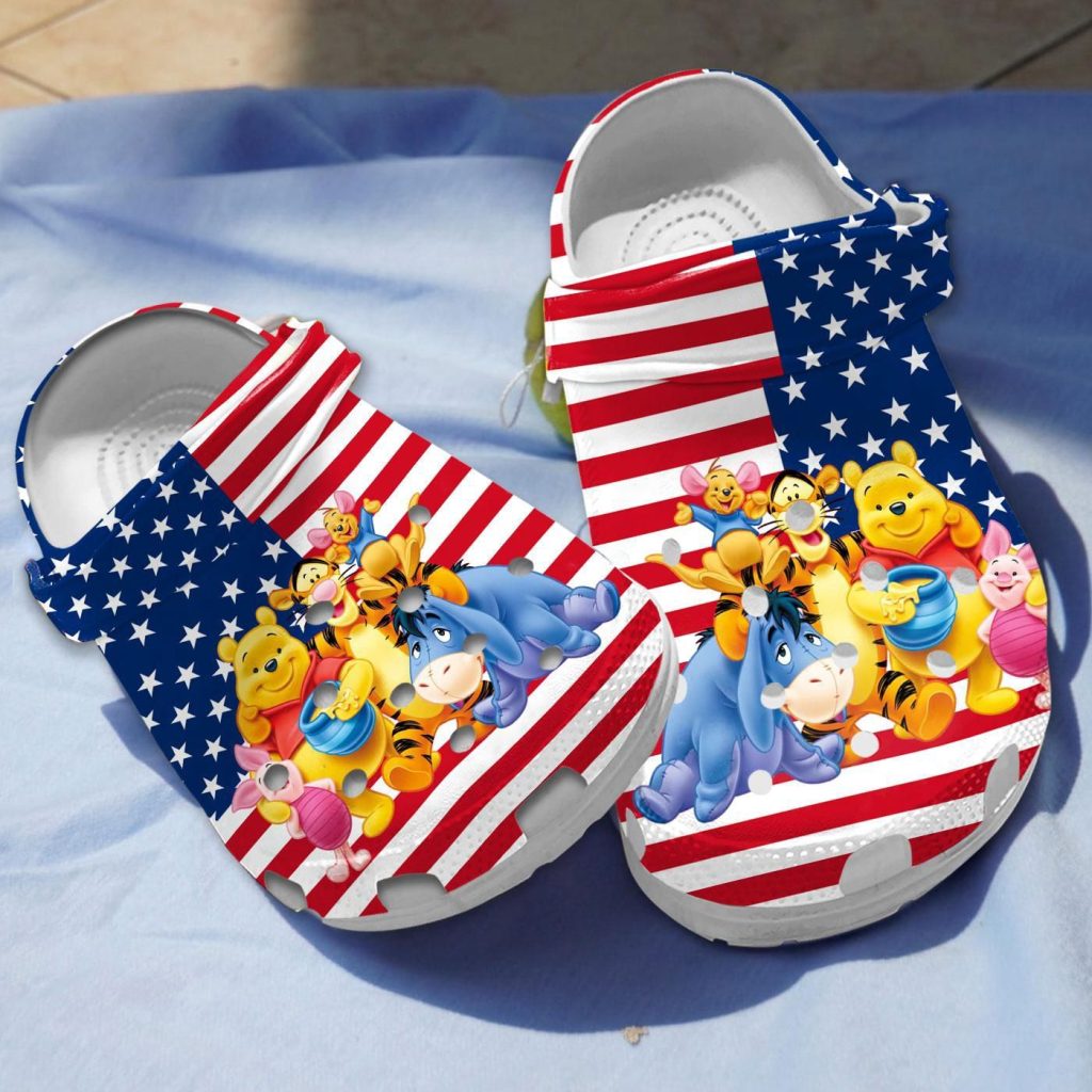Comfortable And Stylish Winnie The Pooh With American Flag Clogs For Kids And Adults Comfortable And Stylish Winnie The Pooh With American Flag Clogs For Kids And Adults