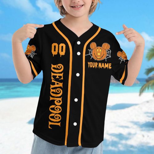 Custom Deadpool Halloween Baseball Jersey – Superhero Party Shirt for Horror Family Trip with Deadpool Mickey Mouse Ears – Shop Now!