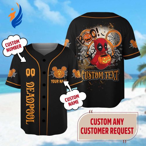 Custom Deadpool Halloween Baseball Jersey – Superhero Party Shirt for Horror Family Trip with Deadpool Mickey Mouse Ears – Shop Now!