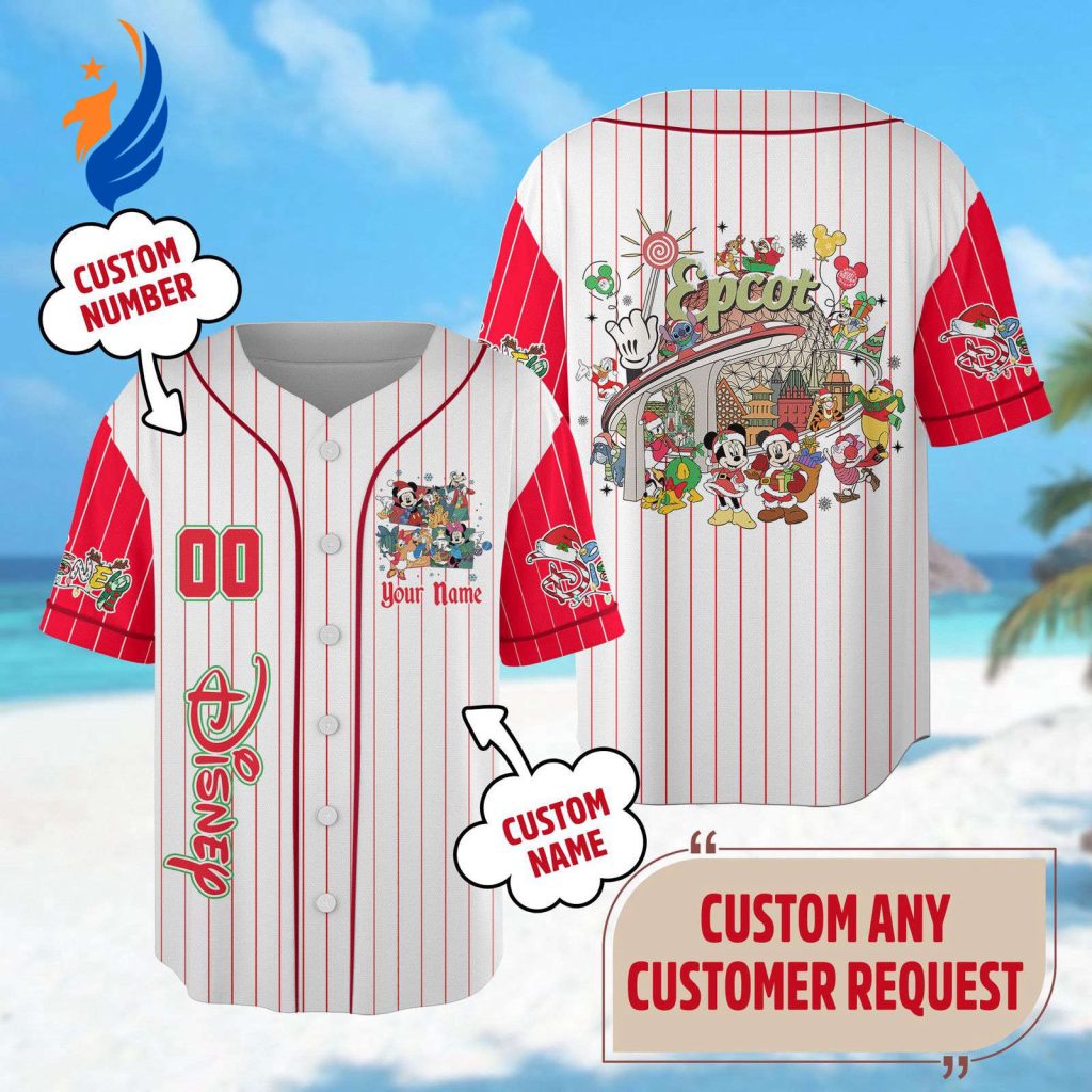 Custom Epcot Christmas Baseball Jersey – Mickey Mouse & Friends Xmas Party Shirt Custom Epcot Christmas Baseball Jersey – Mickey Mouse & Friends Xmas Party Shirt
