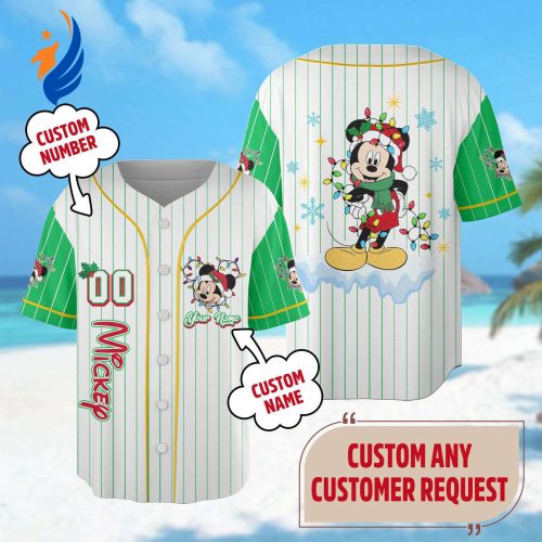 Custom Mickey Mouse Christmas Baseball Jersey - Festive Mickey Xmas Holiday Shirt for Magic Kingdom Team