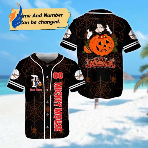 Custom Mickey Mouse Halloween Baseball Jersey – Spooky Mickey Pumpkin Shirt for Horror Cartoon Baseball Team & Magic Kingdom Halloween Shirt