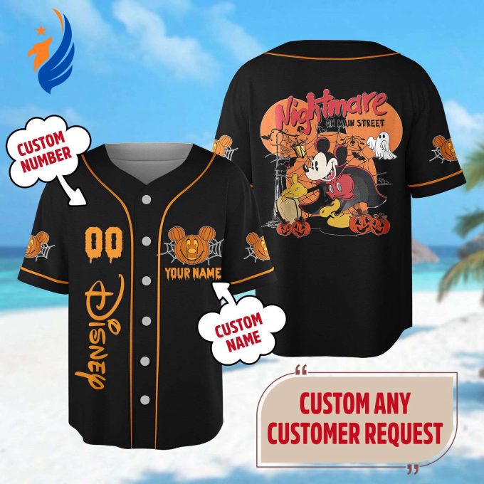 Spooky Custom Mickey Mouse Halloween Baseball Jersey – Nightmare Theme Perfect for Horror Halloween Parties & Magic Kingdom