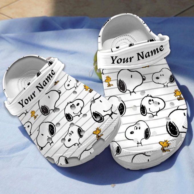 Custom Name Adorable Snoopy Pattern White Clogs For Kids And Adults