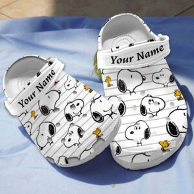 Custom Name Adorable Snoopy Pattern White Clogs For Kids And Adults
