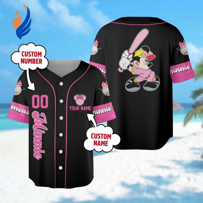Personalized Minnie Baseball Jersey – Custom Name & Number Mickey Mouse Basketball Tee – Magic Kingdom Character Shirt