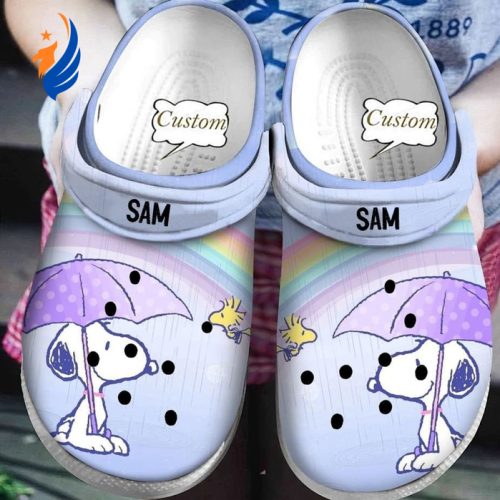 Custom Name Clogs Snoopy Under The Rainbow Clogs For Kids And Adults Custom Name Clogs Snoopy Under The Rainbow Clogs For Kids And Adults
