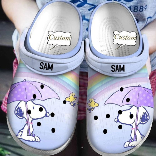 Custom Name Clogs Snoopy Under The Rainbow Clogs For Kids And Adults Custom Name Clogs Snoopy Under The Rainbow Clogs For Kids And Adults
