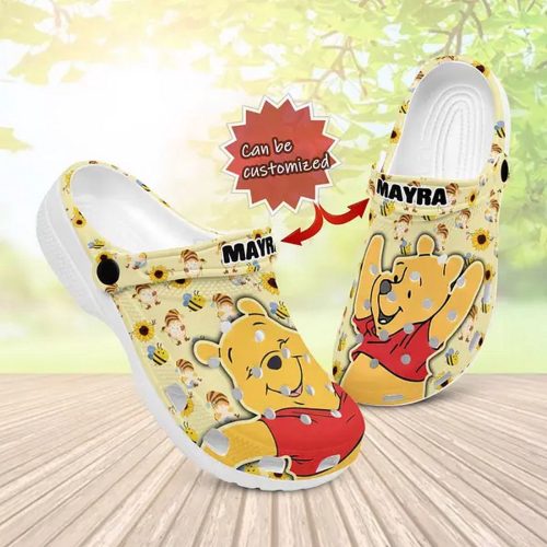 Custom Name Happy Dream Winnie The Pooh Beige With Bee And Floer Clogs For Kids And Adutls