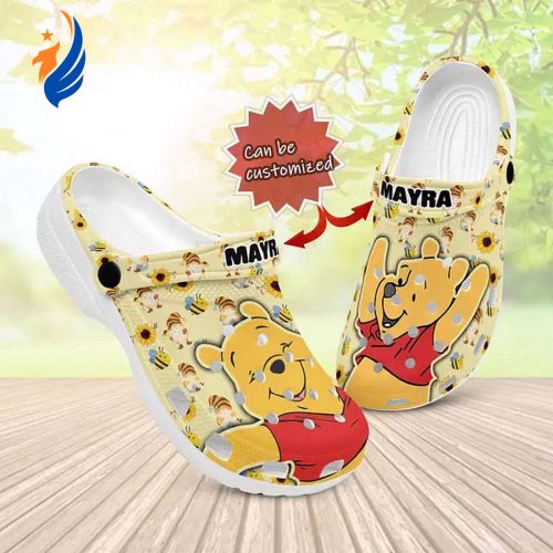 Custom Name Happy Dream Winnie The Pooh Beige With Bee And Floer Clogs For Kids And Adutls