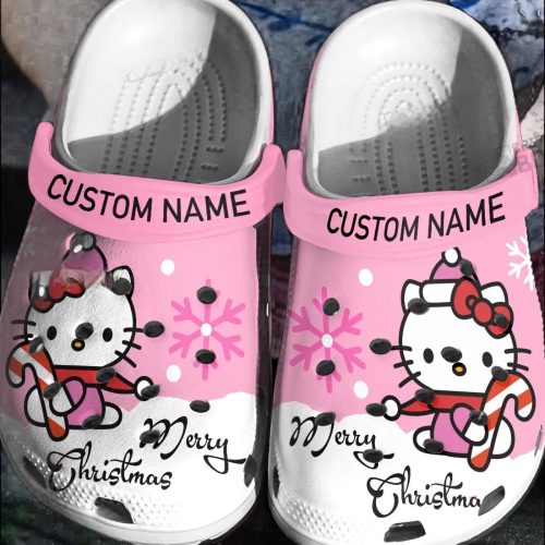Custom Name Hello Kitty Merry Christmas Pink White Clogs For Kids And Adults