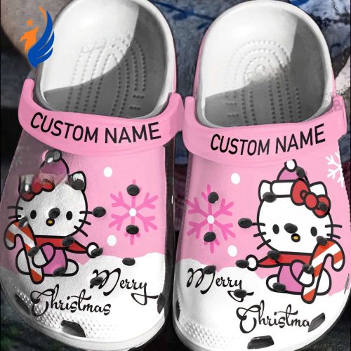 Personalized Cute Hello Kitty Pink Clogs Clogs Shoes Custom Name Hello Kitty Merry Christmas Pink White Clogs For Kids And Adults