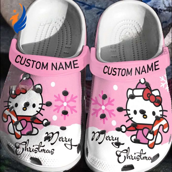 Custom Name Hello Kitty Merry Christmas Pink White Clogs For Kids And Adults