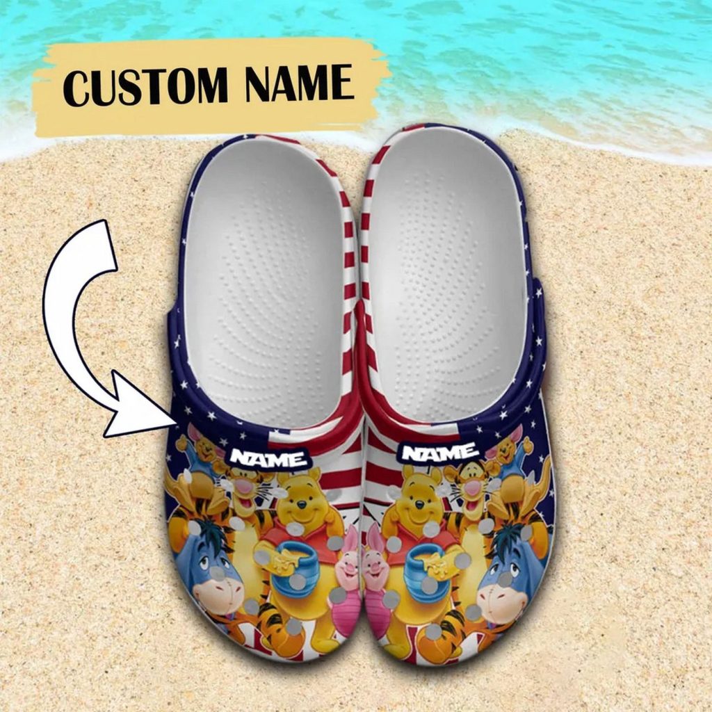 Custom Name Winnie The Pooh And Friends USA Pattern Clogs For Kids And Adults Custom Name Winnie The Pooh And Friends USA Pattern Clogs For Kids And Adults