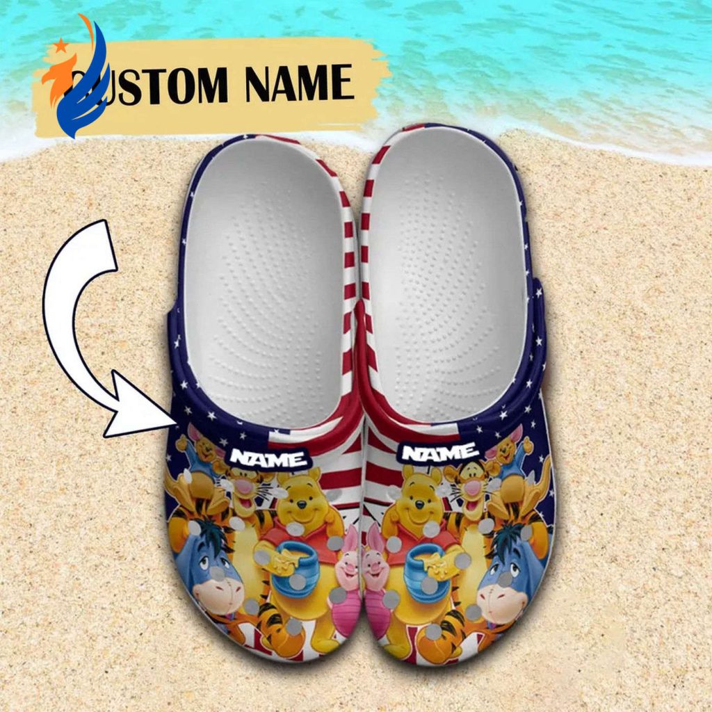 Custom Name Winnie The Pooh And Friends USA Pattern Clogs For Kids And Adults Custom Name Winnie The Pooh And Friends USA Pattern Clogs For Kids And Adults