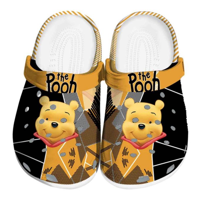 Custom Name Winnie The Pooh Geometric Backgound Black Yellow Clogs For Kids And Adults