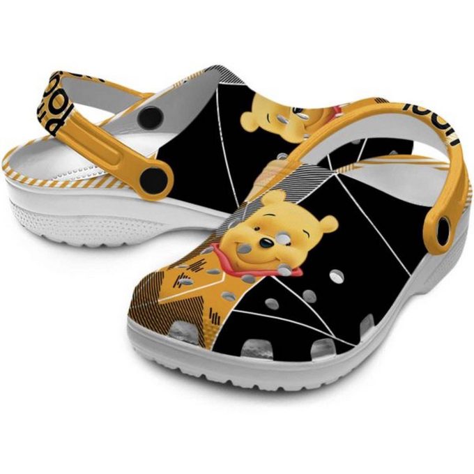 Custom Name Winnie The Pooh Geometric Backgound Black Yellow Clogs For Kids And Adults