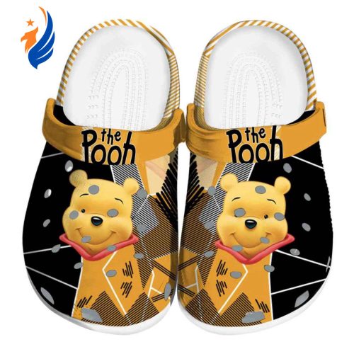 Custom Name Winnie The Pooh Geometric Backgound Black Yellow Clogs For Kids And Adults