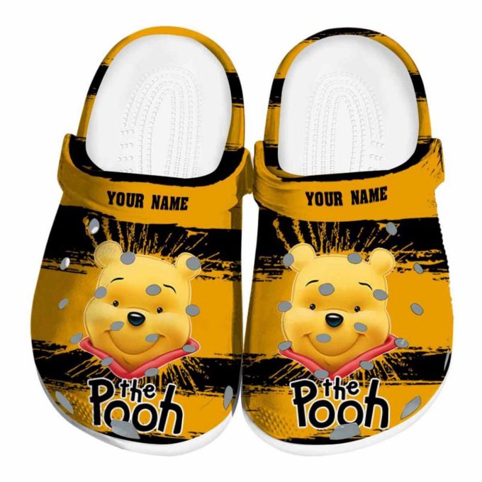 Custom Name Winnie The Pooh Paint Splatter Grafics Yellow Clogs For Kids And Adults