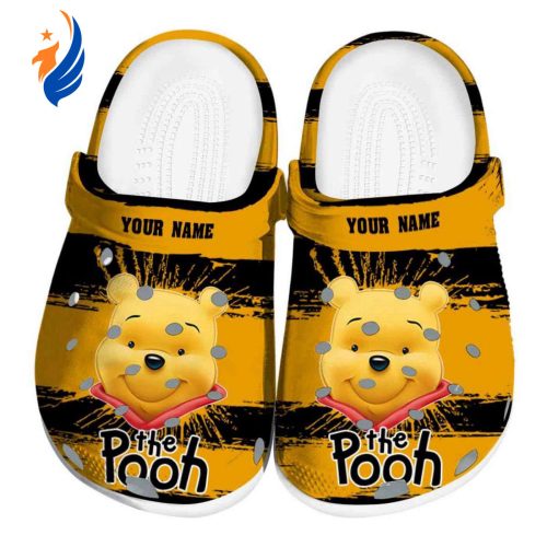 Custom Name Winnie The Pooh Paint Splatter Grafics Yellow Clogs For Kids And Adults