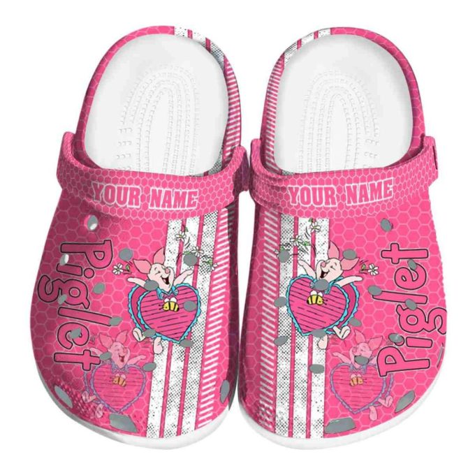 Custom Name Winnie The Pooh Piglet Contrasting Stripes Pink Clogs For Kids And Adults