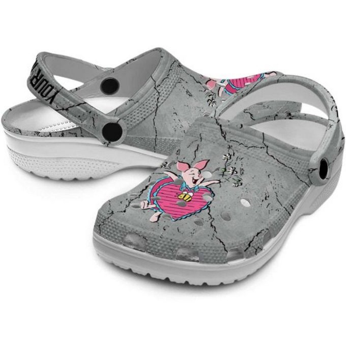 Custom Name Winnie The Pooh Piglet Cracked Texture Gray Clogs For Kids And Adults