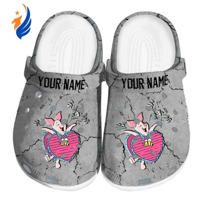 Custom Name Winnie The Pooh Piglet Cracked Texture Gray Clogs For Kids And Adults