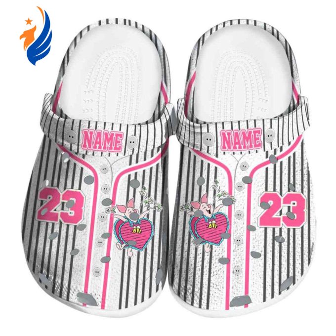 Custom Name Winnie The Pooh Piglet Pinstripe Pattern White Clogs For Kids And Adults