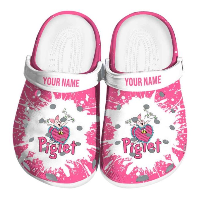 Custom Name Winnie The Pooh Piglet Splash Art Pink Clogs For Kids And Adults