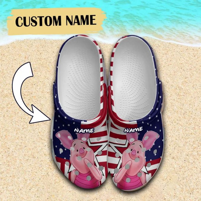 Custom Name Winnie The Pooh Piglet USA Pattern Clogs For Kids And Adults