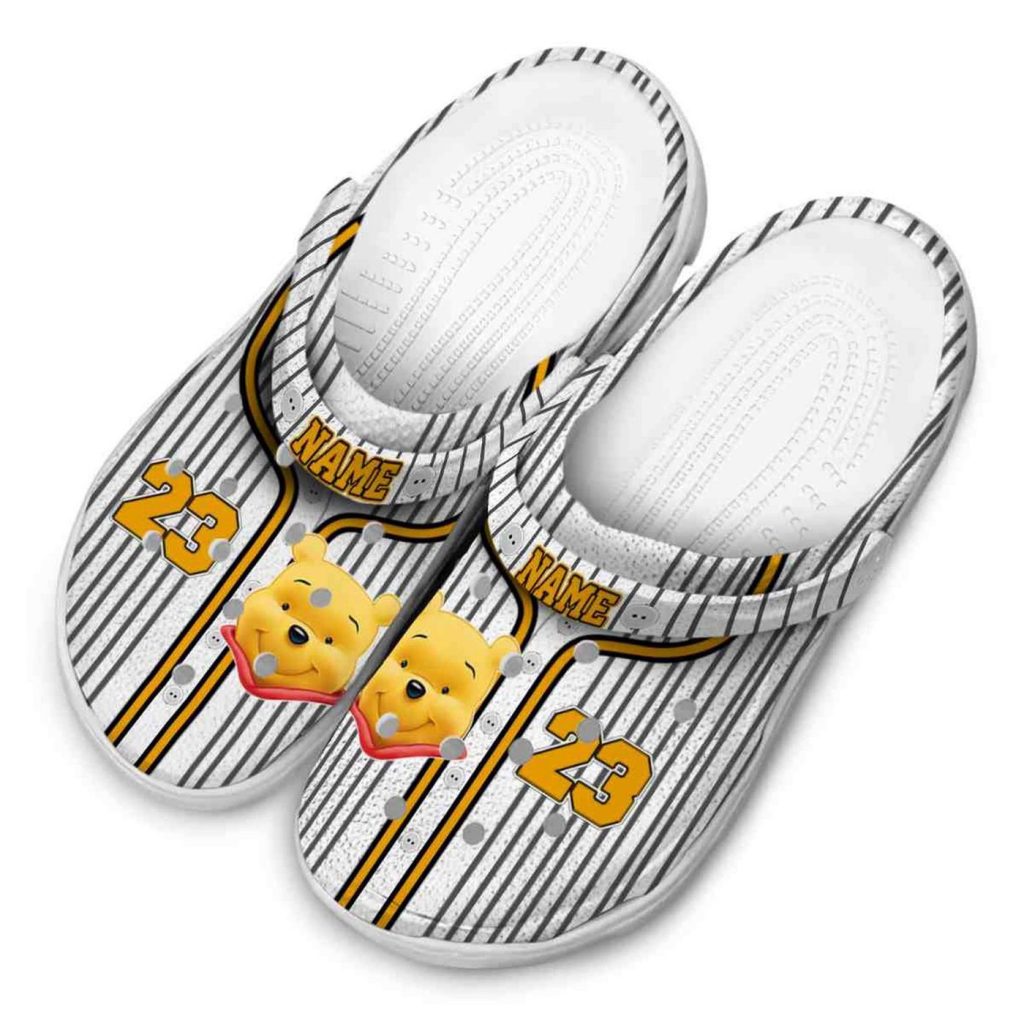 Custom Name Winnie The Pooh Pindtripe Pattern Clogs For Kids And Adults Custom Name Winnie The Pooh Pindtripe Pattern Clogs For Kids And Adults