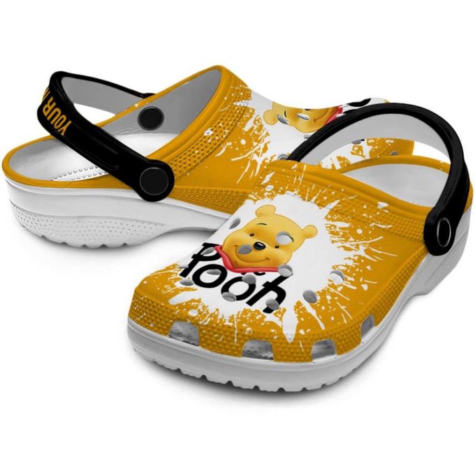 Custom Name Winnie The Pooh Splash Art Yellow Clogs For Kids And Adults