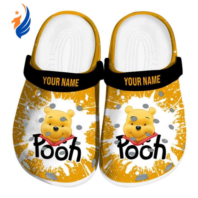 Custom Name Winnie The Pooh Splash Art Yellow Clogs For Kids And Adults