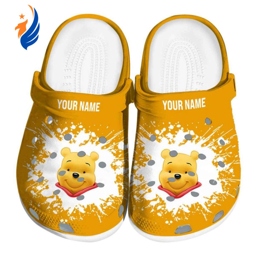 Custom Name Winnie The Pooh Splatter Background Yellow Clogs For Kids And Adults Custom Name Winnie The Pooh Splatter Background Yellow Clogs For Kids And Adults