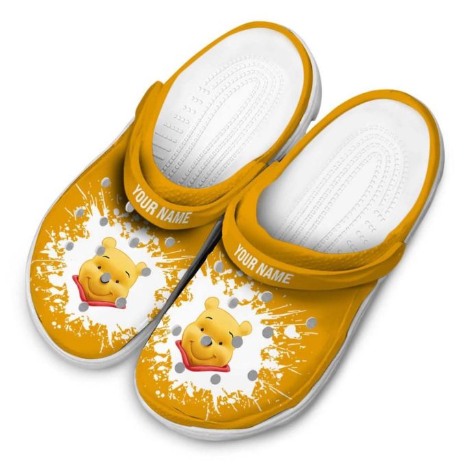 Custom Name Winnie The Pooh Splatter Background Yellow Clogs For Kids And Adults