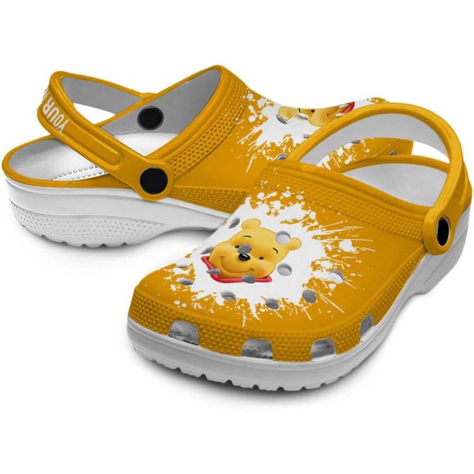 Custom Name Winnie The Pooh Splatter Background Yellow Clogs For Kids And Adults