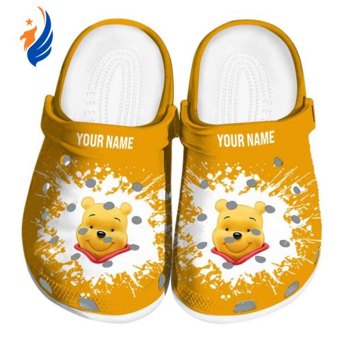 Custom Name Winnie The Pooh Splatter Background Yellow Clogs For Kids And Adults