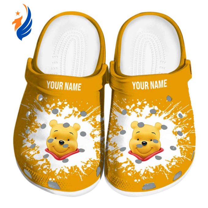 Custom Name Winnie The Pooh Splatter Background Yellow Clogs For Kids And Adults