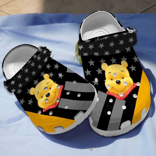 Custom Name Winnie The Pooh Stellar Stripes Theme Black Yellow Clogs For Kids And Adults