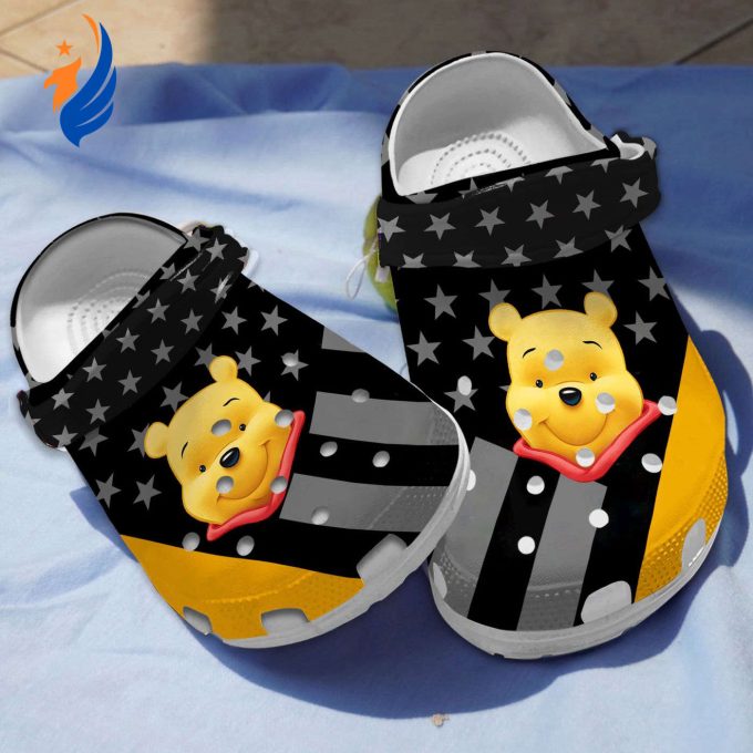 Custom Name Winnie The Pooh Stellar Stripes Theme Black Yellow Clogs For Kids And Adults Custom Name Winnie The Pooh Stellar Stripes Theme Black Yellow Clogs For Kids And Adults