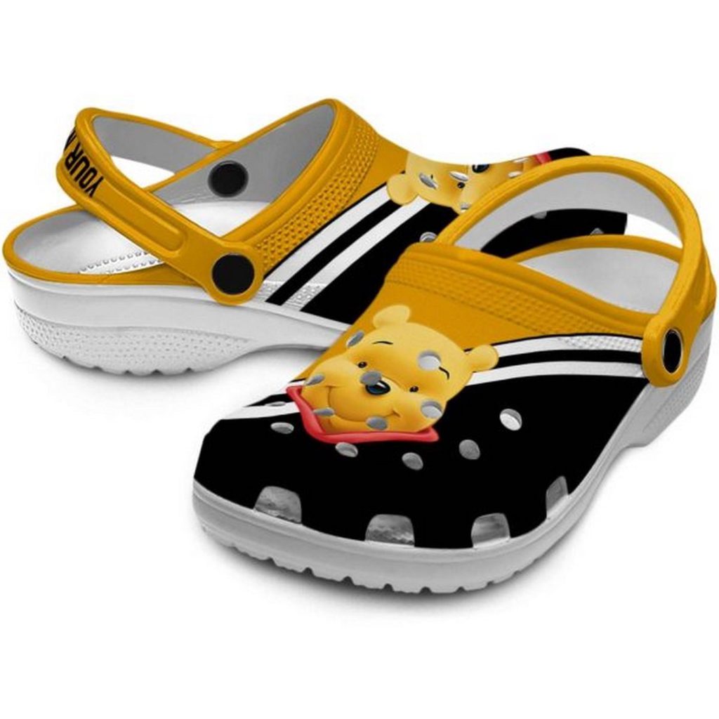 Custom Name Winnie The Pooh Striped Accents Clogs For Kids And Adults Custom Name Winnie The Pooh Striped Accents Clogs For Kids And Adults