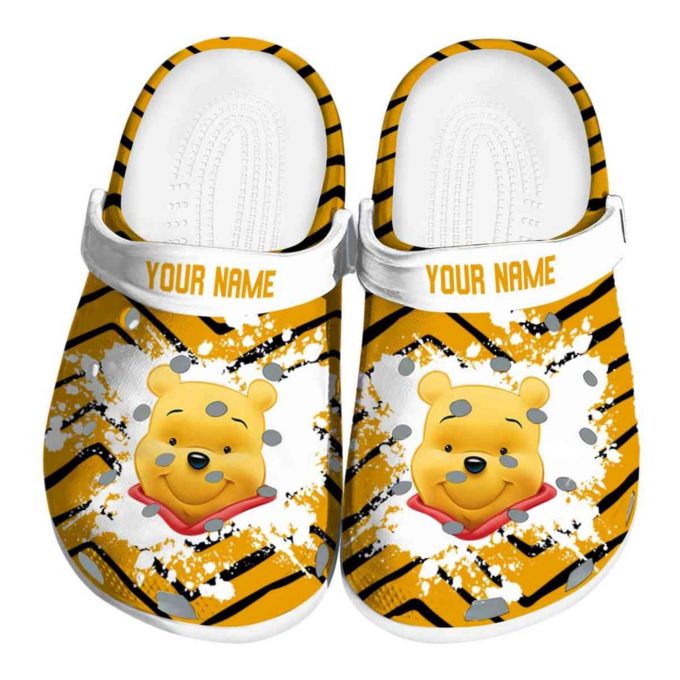 Custom Name Winnie The Pooh Zigzag Paint Burst Yellow Clogs For Kids And Adults